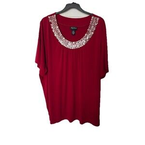 Maggie Barnes Red Knit Top 4x Embellished Silver Neckline